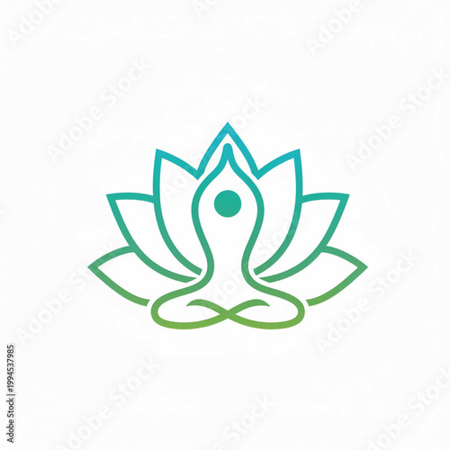 Lotus flower emblem with teal and green outline, centered meditation symbol, yoga wellness icon and spa logo style
