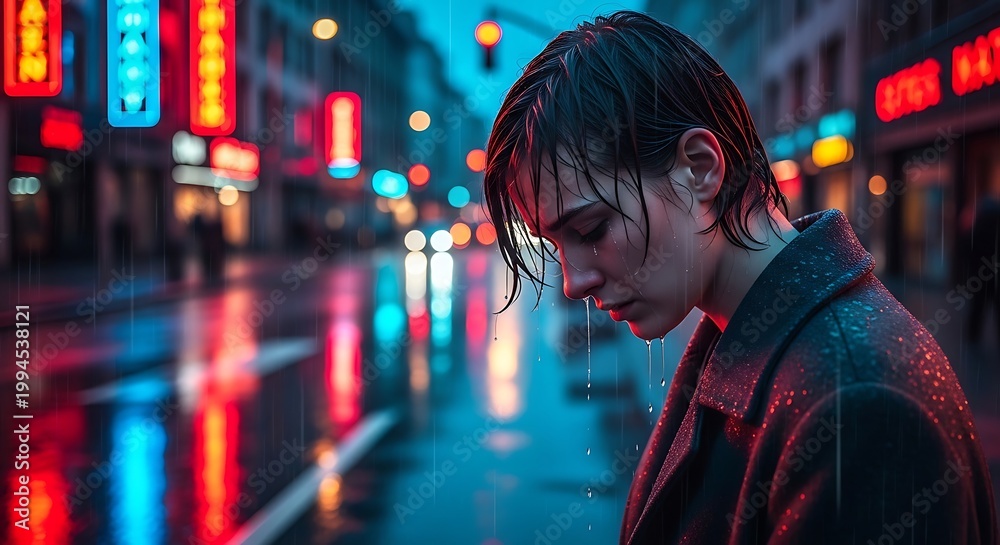 Fototapeta premium Depressed young woman walking alone in a rainy city at night.