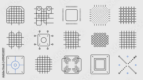 Micro-LED pixel array and substrate icons – Great for semiconductor manufacturing guides, high-res display blogs, or hardware specs.