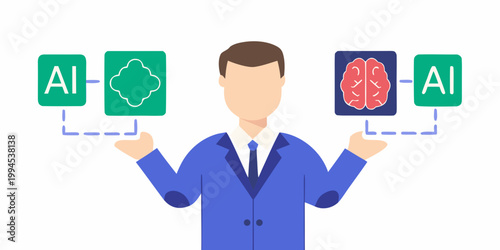 Man balancing artificial intelligence and human brain concepts with hands