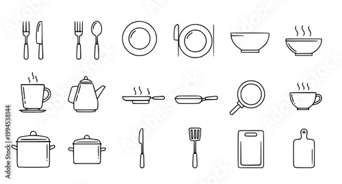 Minimal black line food icons set kitchen utensils outline collection modern vector isolated on white