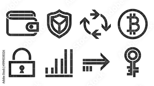 Bold crypto wallet and digital exchange icons – Great for blockchain security news, crypto wallet UI, or fintech marketing.