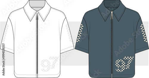 Men's printed detail zip-up shirt t-shirt fashion technical drawing, illustration. Streetwear, sportswear men top vector. Cad, Mockup.