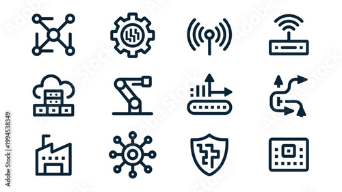 Cyber-physical network and smart factory icons – Great for technical manufacturing blogs, connectivity news, or IIoT dashboards.