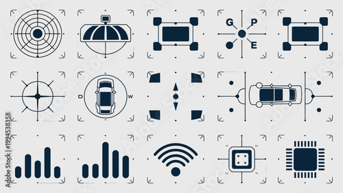Autonomous vehicle LIDAR and navigation icons – Perfect for self-driving car tech reports, automotive engineering, or sensor specs.