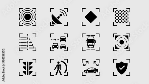 Self-driving navigation and obstacle detection icons – Suitable for automotive software UI, LIDAR tech blogs, or vehicle safety guides.