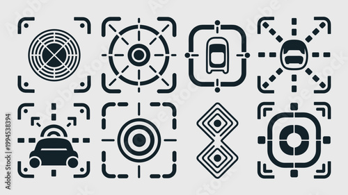 Autonomous vehicle sensor and route path icons – Ideal for driverless car news, navigation tech reports, or automotive infographics.