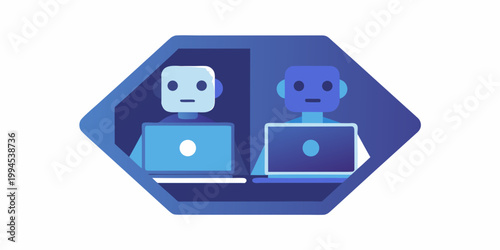 Two futuristic robots work on laptops inside a hexagonal frame