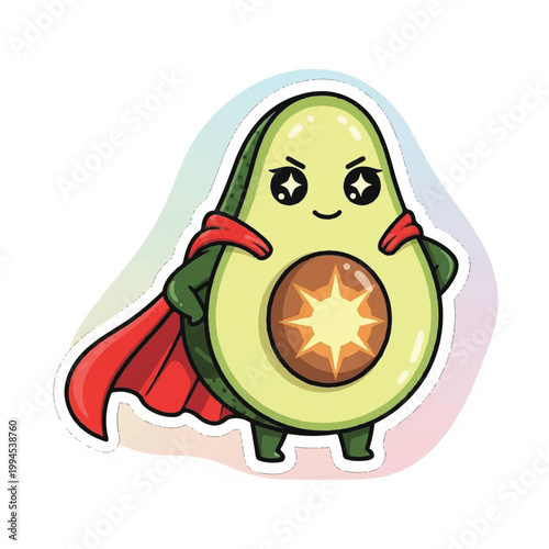 Cute Superhero Avocado Character with Cape and Starburst.