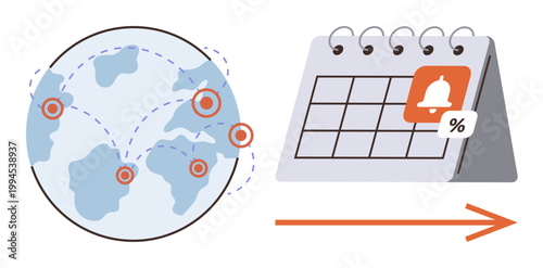 Global collaboration, time management, planning, international logistics, notifications, productivity. World map with connection points and a calendar showing a notification. Global collaboration