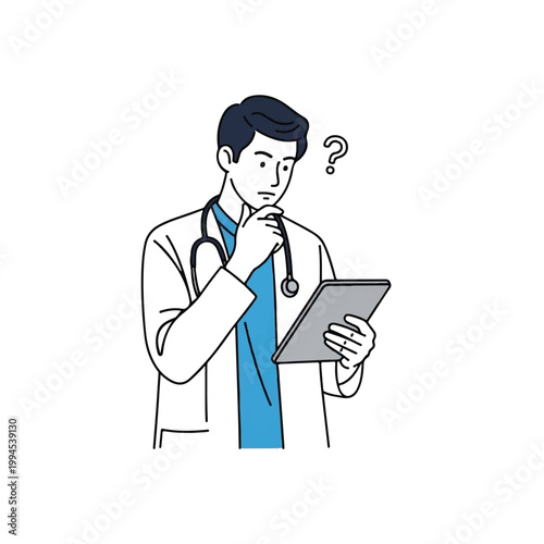 Doctor contemplating medical information on tablet with question mark.