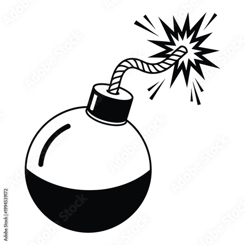 Black and white illustration of a bomb exploding with a burning fuse icon