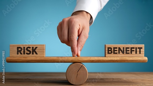 Businessman balancing risk and benefit concepts on a wooden seesaw scale to represent strategic decision making and professional financial management choices
