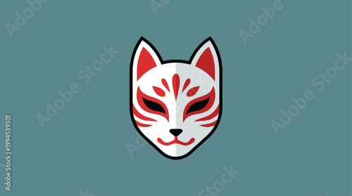 An iconic flat design illustration of a traditional Japanese mask, such as Hannya or Kitsune, often seen during the Gion Festival.