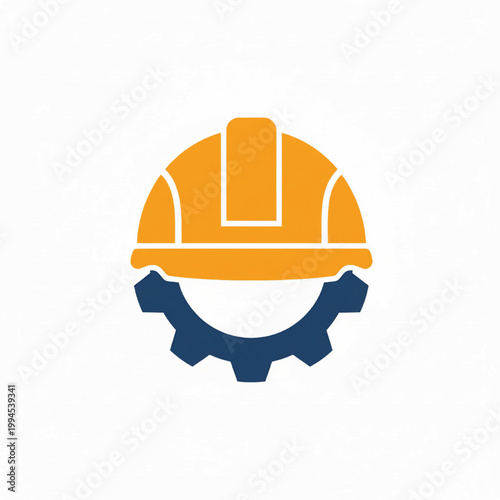 Construction helmet icon with orange shell and blue mechanical gear base for safety and industry branding