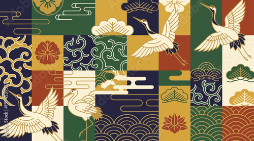 A detailed flat design illustration showcasing the intricate textile patterns and decorations found on Gion Festival Yamaboko floats. 