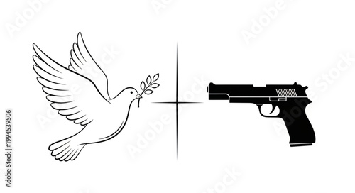 Dove of peace confronts a handgun symbolizing conflict.
