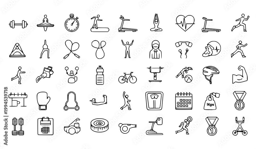 Naklejka premium Aerobics and fitness icon set with gym workout and training symbols in clean line vector illustration style