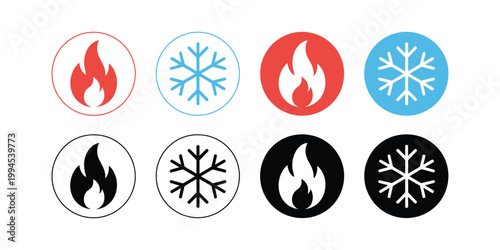 Fire and cold icons with heat and freeze concept, modern flat vector design for temperature control, heating and cooling systems, and web interface graphics