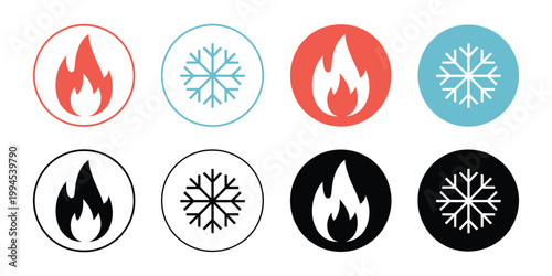 Fire and cold icons with heat and freeze concept, modern flat vector design for temperature control, heating and cooling systems, and web interface graphics