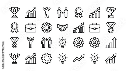 Business growth and success icon set with business strategy achievement cogwheel lightbulb briefcase handshake teamwork partnership celebration collaboration agreement investment planning