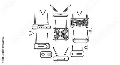 WiFi router and network device outline icon collection with internet modem and connectivity symbols vector set