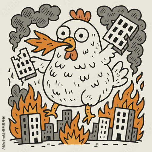 Playful hand-drawn cartoon illustration of a cute chubby monster destroying a city