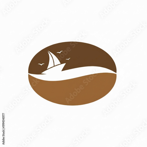 Handcrafted coffee bean icon with stylized sailboat and small birds, warm brown vector-style graphic for branding