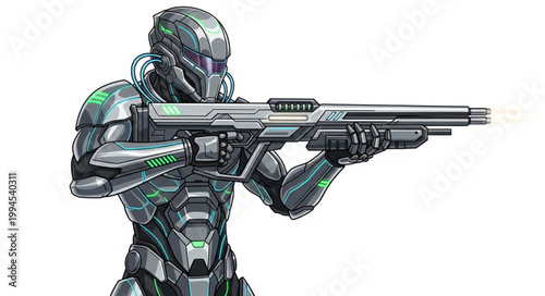 Futuristic soldier in advanced armor holding a sci-fi weapon.