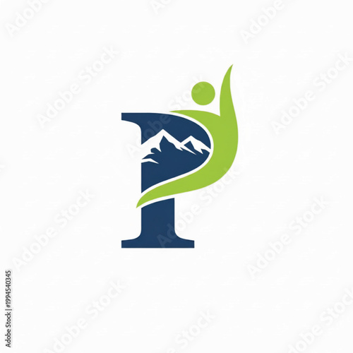 Tree and mountain logo emblem with leaf growth symbol inside a stylized letter P shape featuring landscape, nature, eco friendly with sustainability