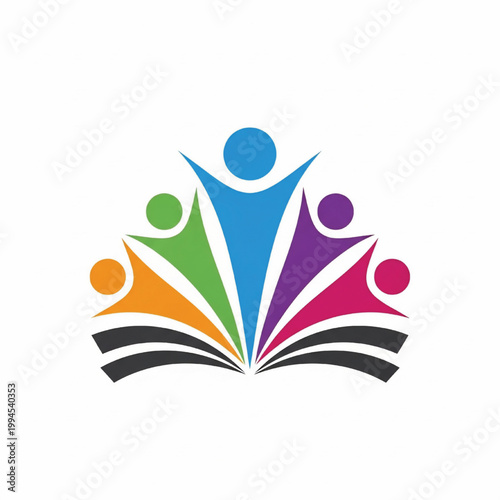 Handmade book education logo with colorful people figures and open pages symbolizing learning and teamwork