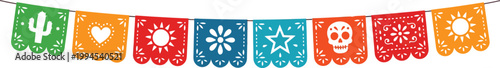 Vertical Mexican papel picado banner with elegant floral cut designs for Cinco de Mayo celebration. Vector illustration