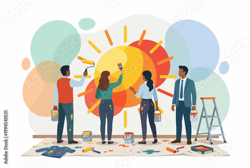 Vászonkép Diverse team painting a sun mural together for creative collaboration