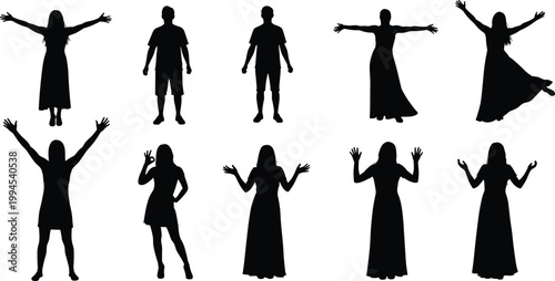 Silhouette set of men and women in varied expressive poses with raised arms isolated on white background body language concept