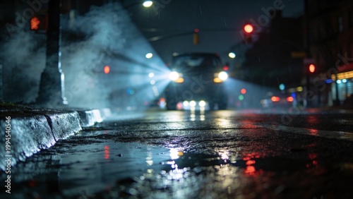 Wet city street at night with car lights