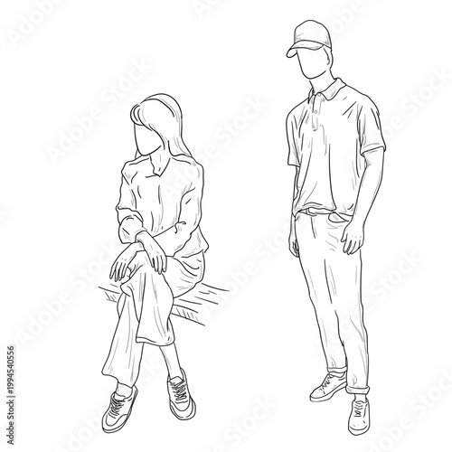Silhouette of a girl sitting on a bench and a young man standing next to her. Vector illustration. The sketch is hand-drawn, the set is isolated on a white background