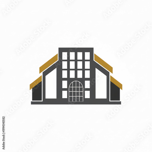 House building icon with storefront facade, arched window grid, and dark gray walls with gold roof trim
