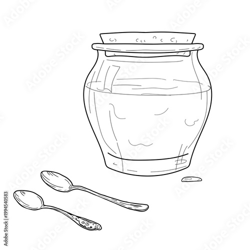 A glass jar with honey or jam and two spoons. Vector illustration. The sketch is hand-drawn, the set is isolated on a white background