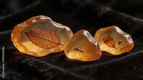 Preserved leaf and insect in amber