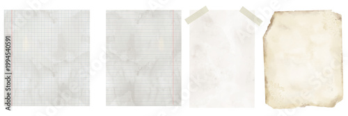 Sheets of paper from school notebooks, with tape and aged parchment. Watercolor illustration. A set of sheets of old paper, a manuscript with crumpled edges, isolated on a background.