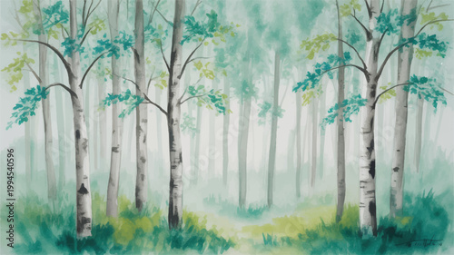 serene misty forest with white birch trees and green foliage