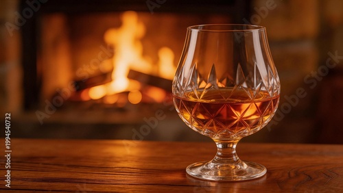 Glass of whiskey on wooden table