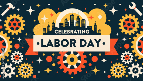 Celebrating Labor Day with gears and city skyline in colorful design  