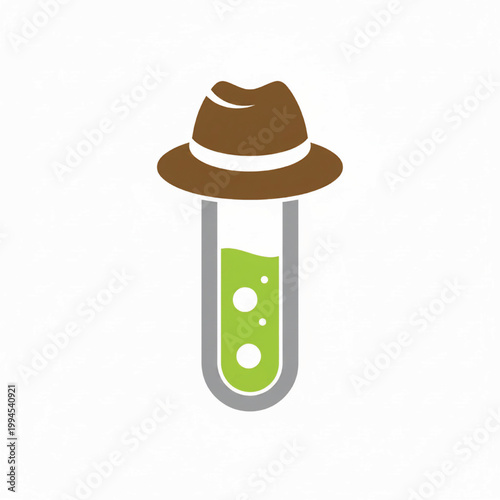 Test tube with green liquid under a brown laboratory hat, handmade icon style for education and science illustration