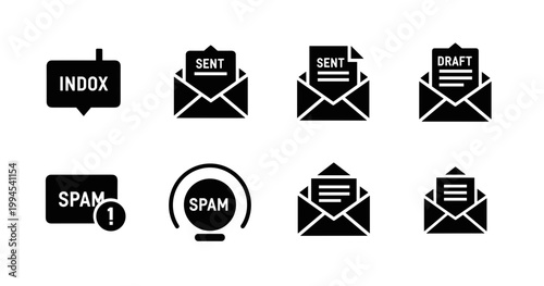 Email inbox icon set including sent draft and spam folder glyphs, white background