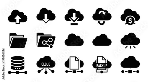 Cloud computing icon set including data storage, backup and sync solid glyphs, white background