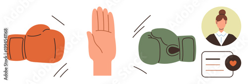 Conflict resolution, anger management, negotiation, mediation, leadership, communication. Visual elements include boxing gloves, a hand signaling stop and a mediator profile. Conflict resolution