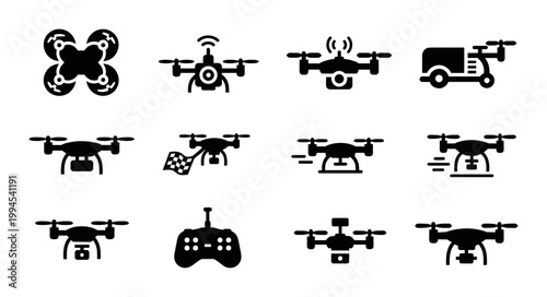 Drone icon set solid silhouette quadcopter and remote control, white background