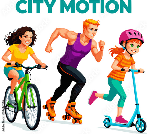 
Create a realistic Illustration of Cyclists, Roller Skater and Scooter Riders - colorful vector art with white background..