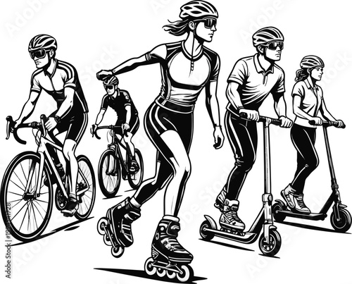 Create a realistic Illustration of Cyclists, Roller Skater and Scooter Riders isolated on transparent background - Black and White vector art with white background.